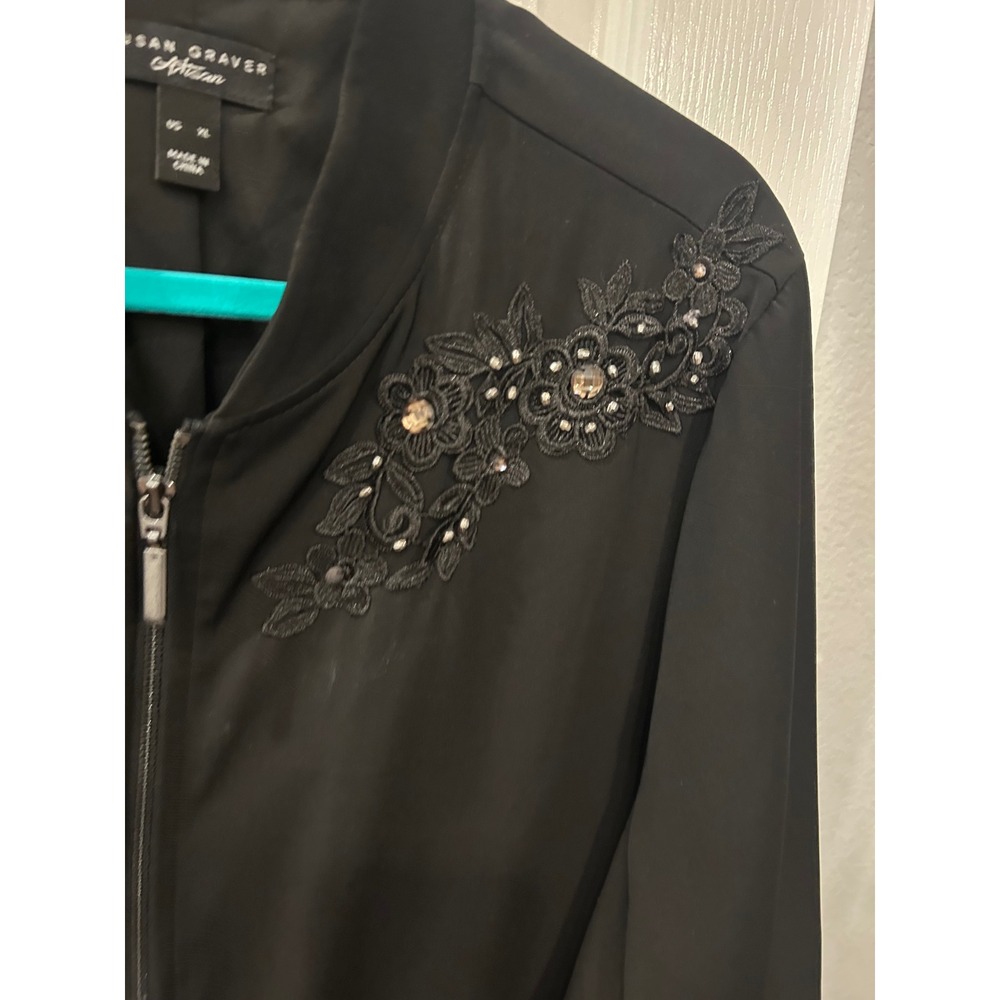 Susan Graver Artisan Bomber Jacket‎ Black Lace Applique Beaded Zip Up XL Coat
